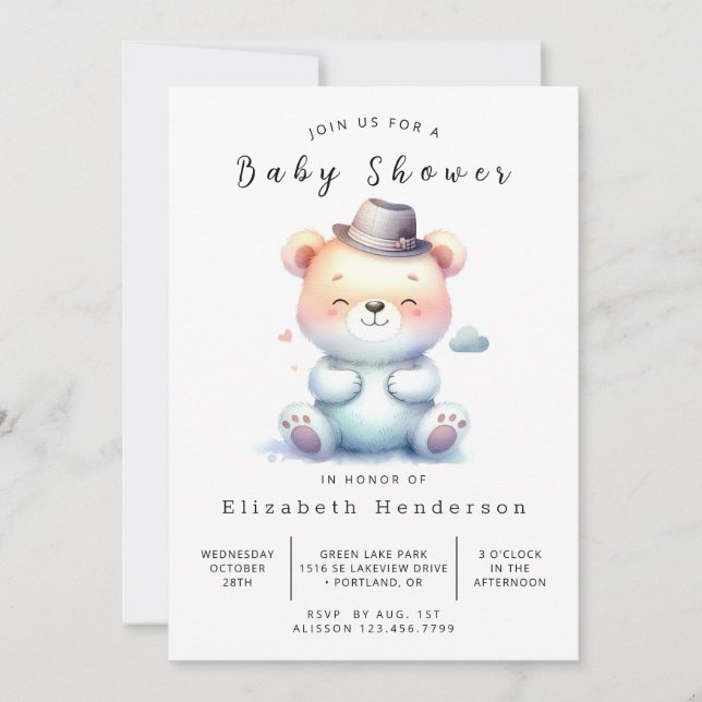 Invitation Baby shower d'ours chic modifiable (Devant)