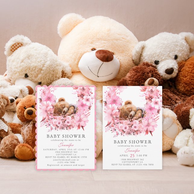 Invitation Baby shower d'ours couché rose charmant (Créateur téléchargé)