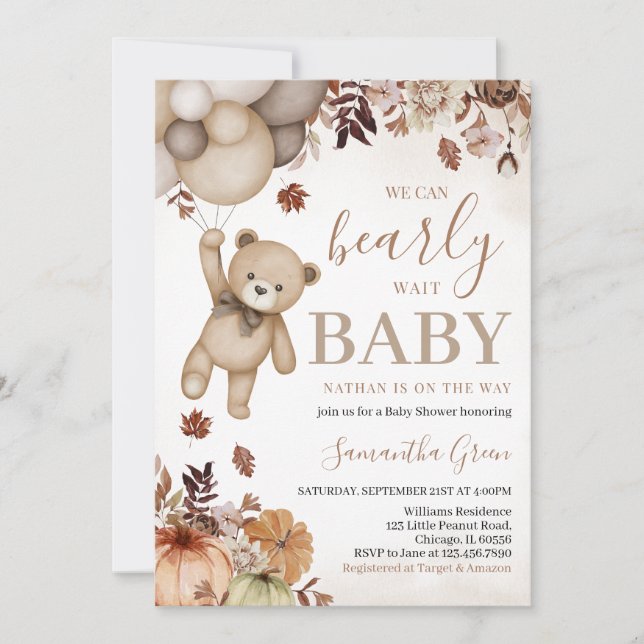 Invitation Baby shower d'ours d'automne neutre pour les homme (Devant)