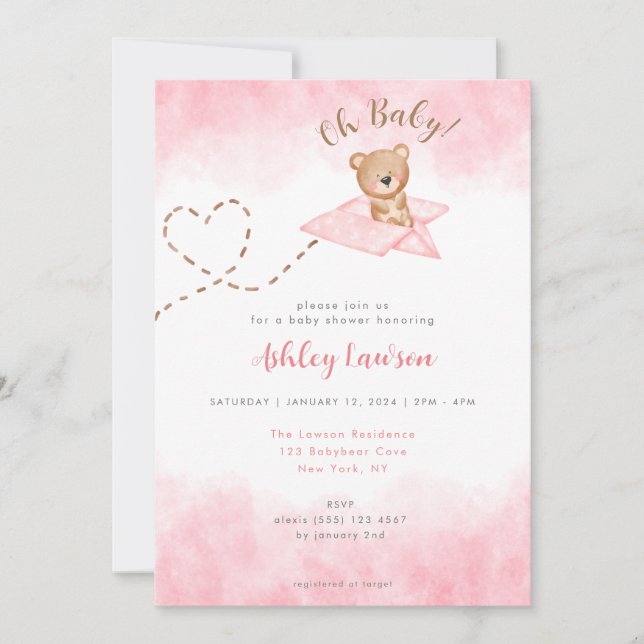 Invitation Baby shower d'ours d'avion rose (Devant)