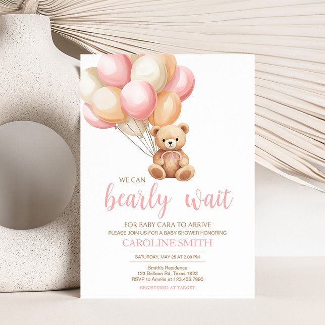Invitation Baby shower d'ours de balloon rose (We Can Bearly Wait Girl Baby Shower Invitation)