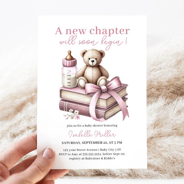 Invitation Baby shower d'ours de fille rose Nouveau chapitre  (Créateur téléchargé)