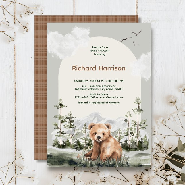 Invitation Baby shower d'ours de forêt d'aquarelle mignonne (Adventure awaits cute watercolor bear, green forest, woodland theme baby shower invitation )