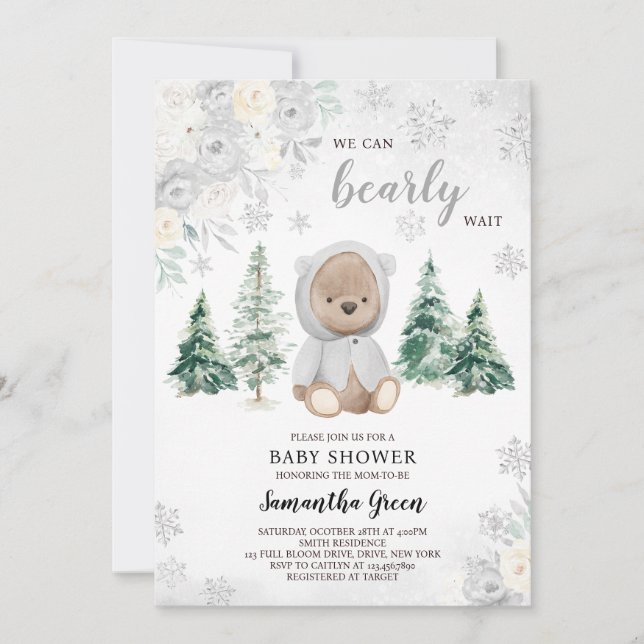 Invitation Baby shower d'ours d'hiver argenté (Devant)