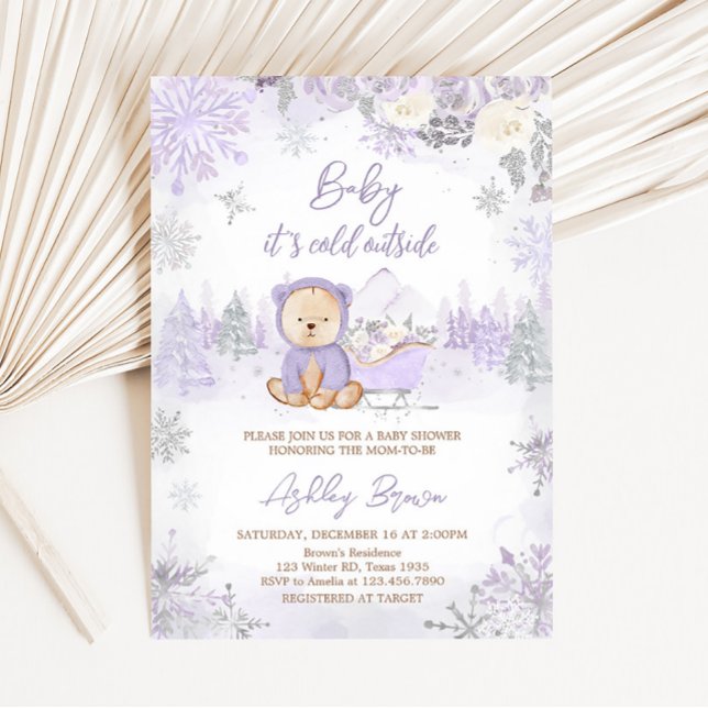 Invitation Baby shower d'ours d'hiver violet (Purple Teddy Bear Baby Shower Invitation)