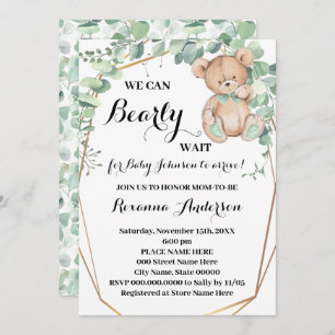 Invitation Baby shower d'Ours d'or vert Bearly wait Baby