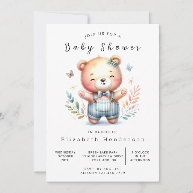 Invitation Baby shower d'ours élégant et imprimable (Devant)