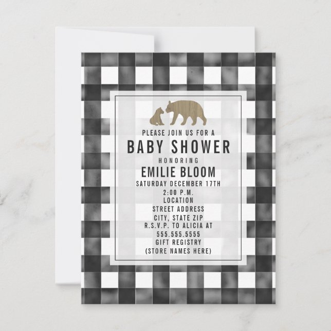 Invitation Baby shower d'ours en bois En vichy (Devant)
