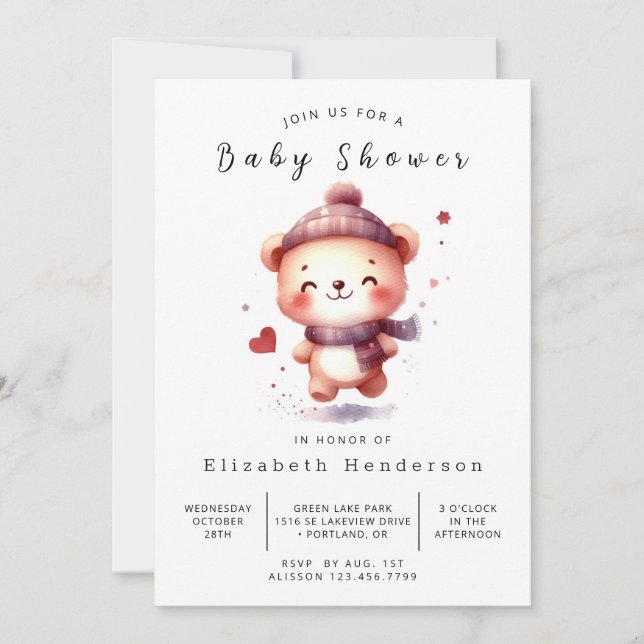 Invitation Baby shower d'ours en ligne simple (Devant)