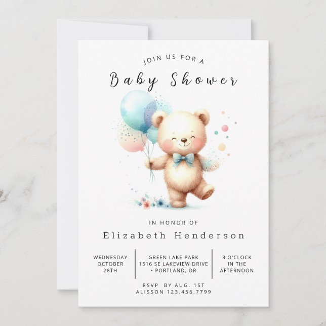 Invitation Baby shower d'ours en ligne simple (Devant)