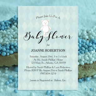 Invitation Baby shower d'ours en peluche blanc   Diamant bleu