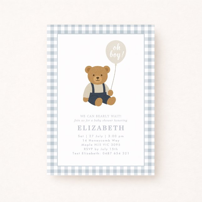 Invitation Baby shower d'ours en peluche bleu clair En vichy (Créateur téléchargé)