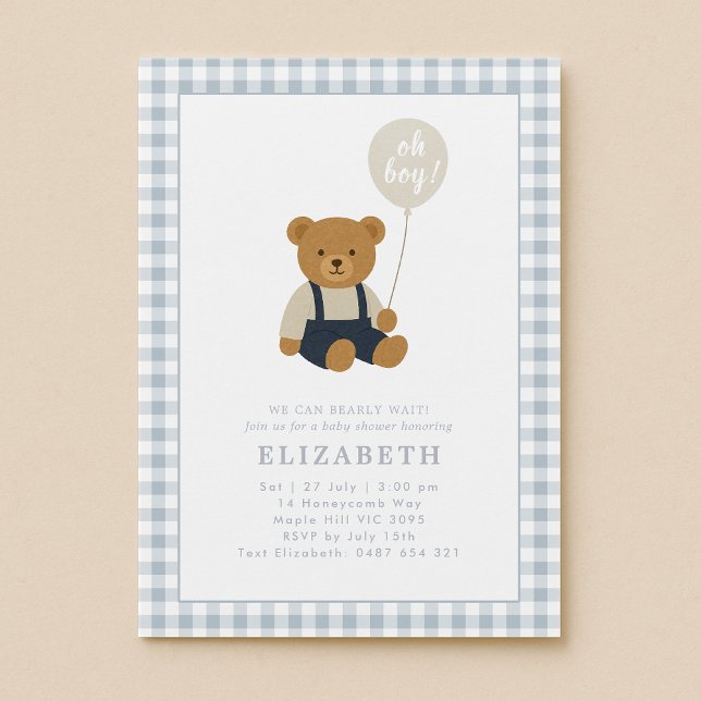 Invitation Baby shower d'ours en peluche bleu clair En vichy (Créateur téléchargé)