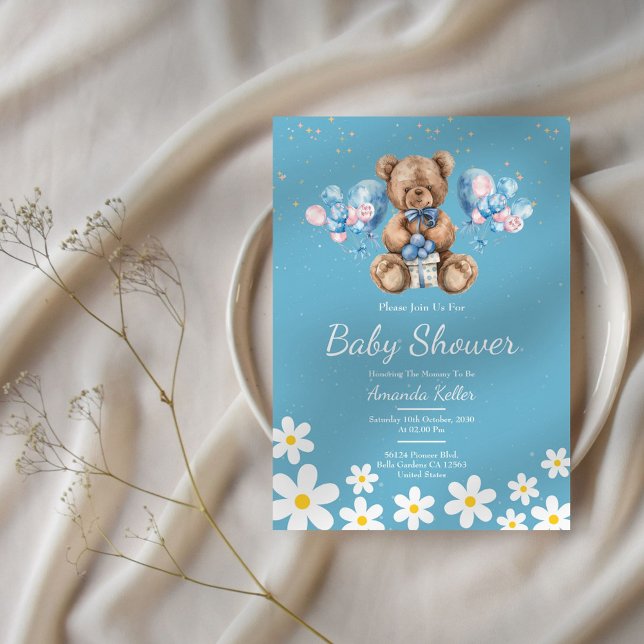 Invitation Baby shower d'ours en peluche Blue Daisy (Créateur téléchargé)