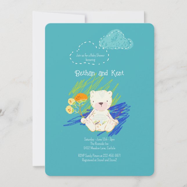 Invitation Baby shower d'ours en peluche Boho turquoise (Devant)
