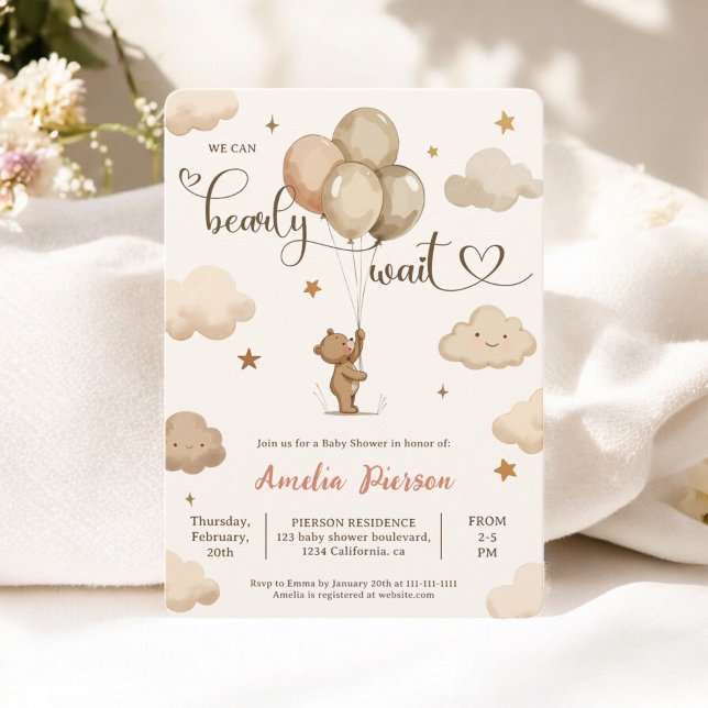 Invitation Baby shower d'ours en peluche d'attente neutre mig (Cute Neutral Bearly Wait Teddy Bear Baby Shower Invitation)