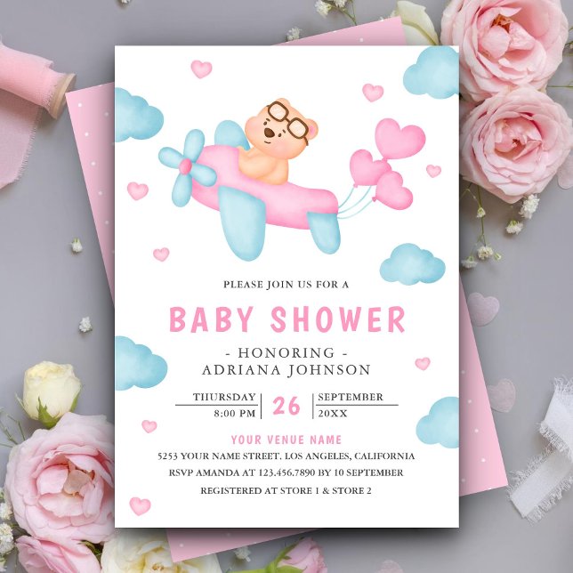 Invitation Baby shower d'ours en peluche de fille d'avion ros (Créateur téléchargé)