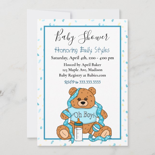 Invitation Baby shower d'ours en peluche du garçon (Devant)