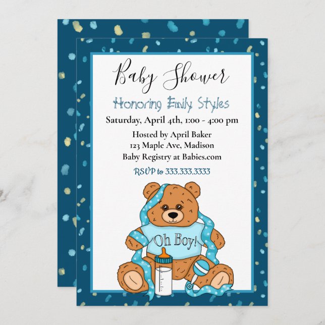 Invitation Baby shower d'ours en peluche du garçon (Devant / Derrière)
