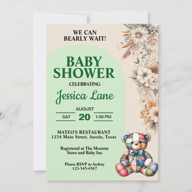 Invitation Baby shower d'ours en peluche Fleur sauvage rustiq (Devant)