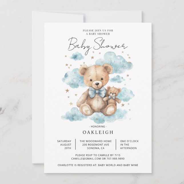 Invitation Baby shower d'ours en peluche mignon (Devant)