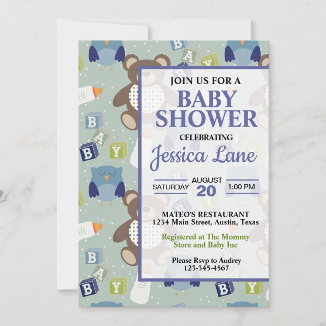 Invitation Baby shower d'ours en peluche mignonne Boy Invitat (Devant)