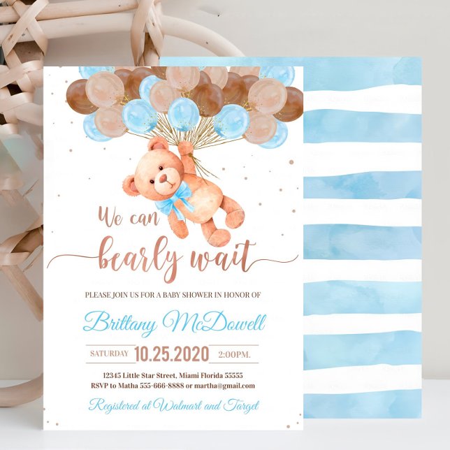 Invitation Baby shower d'ours en peluche modifiable Bleu Invi (Créateur téléchargé)