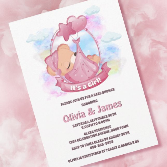 Invitation Baby shower d'ours en peluche rose (Créateur téléchargé)