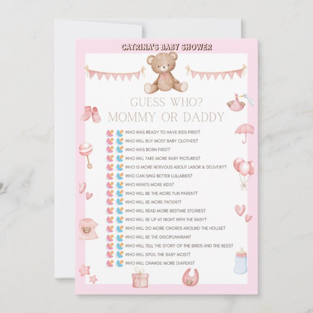 Invitation Baby shower d'ours en peluche rose - Nom modifiabl (Devant)