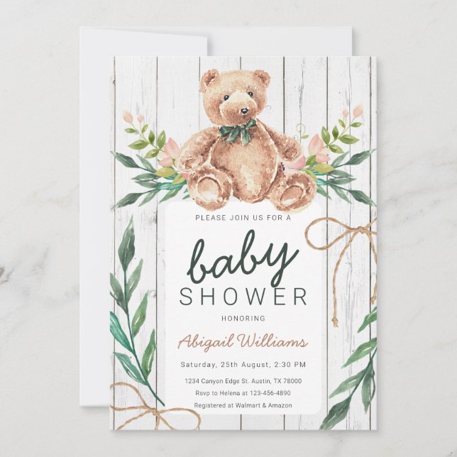 Invitation Baby shower d'ours en tourbe vert rustique (Devant)
