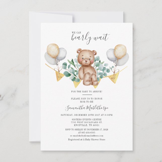 Invitation Baby shower d'ours Feuille moderne Eucalyptus verd (Devant)