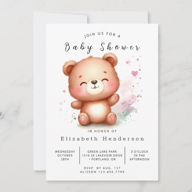 Invitation Baby shower d'ours imprimable enchanté (Devant)