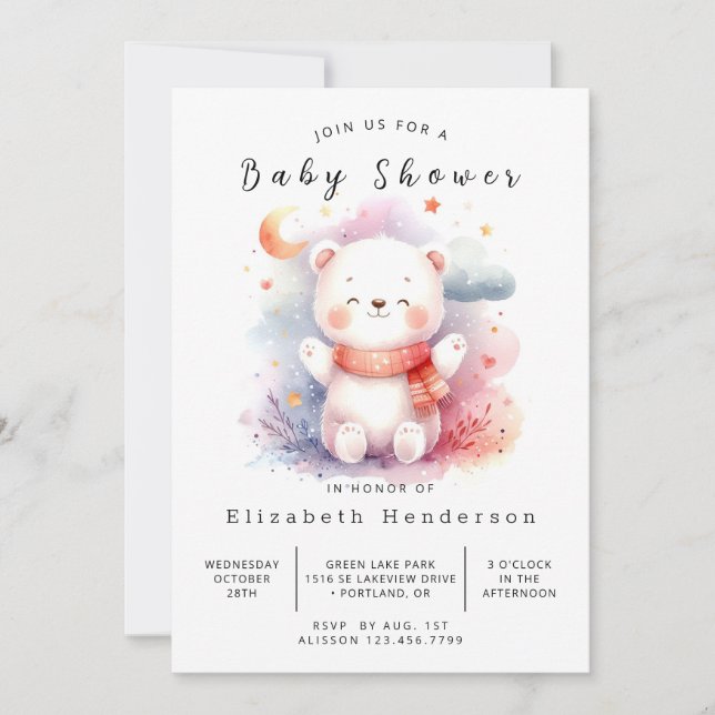 Invitation Baby shower d'ours modifiable aquarelle (Devant)