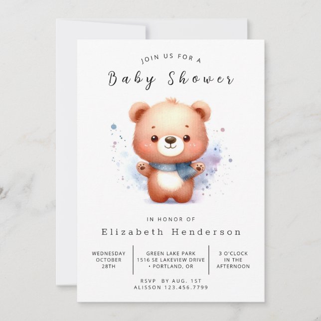 Invitation Baby shower d'ours modifiable aquarelle (Devant)