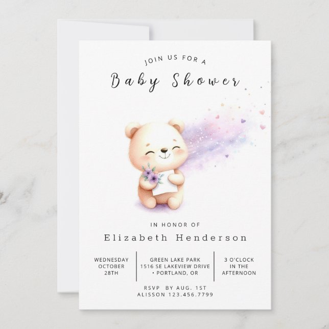 Invitation Baby shower d'ours modifiable enchanté (Devant)