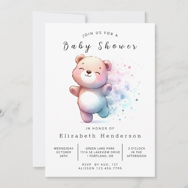 Invitation Baby shower d'ours modifiable enchanté (Devant)