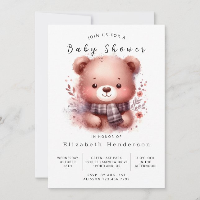 Invitation Baby shower d'ours modifiable Woodland (Devant)