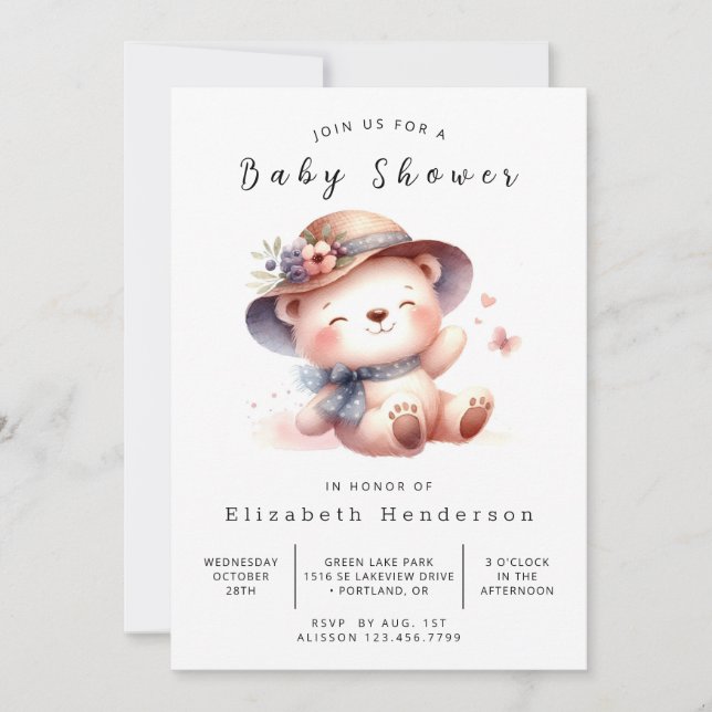 Invitation Baby shower d'ours modifiable Woodland (Devant)