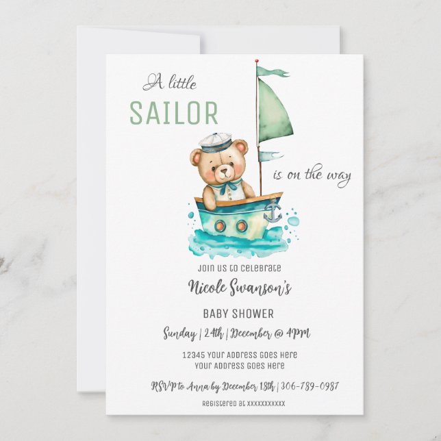 Invitation Baby shower d'ours Nautique Petit marin (Devant)
