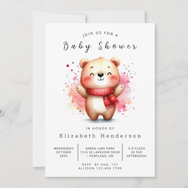 Invitation Baby shower d'ours numérique aquarelle (Devant)