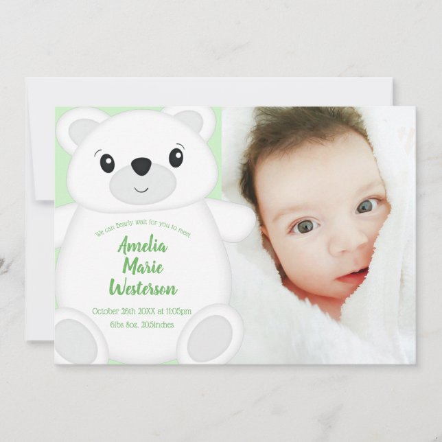 Invitation Baby shower d'ours polaire vert (Devant)