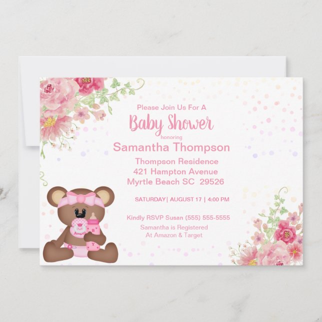 Invitation Baby shower d'ours rose (Devant)