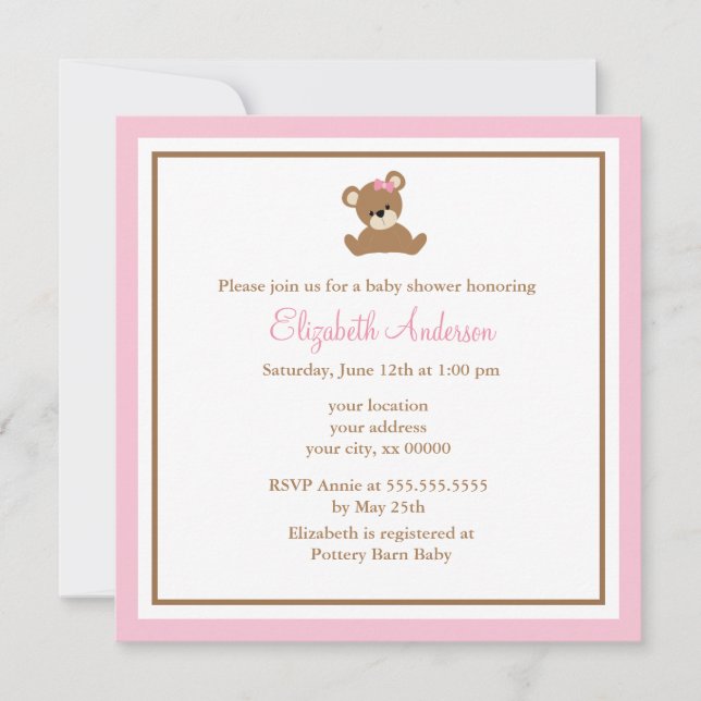 Invitation Baby shower d'ours rose (Devant)