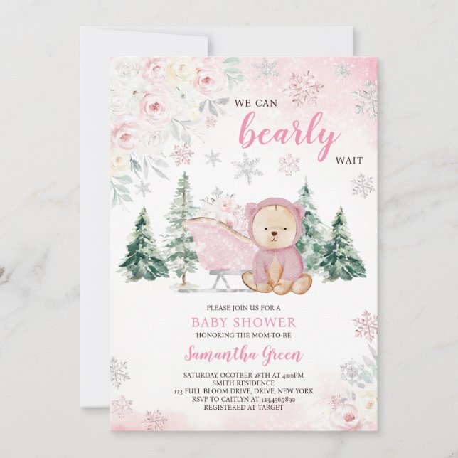 Invitation Baby shower d'ours rose (Devant)