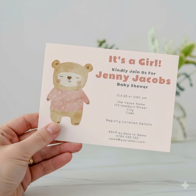 Invitation Baby shower d'ours rose "c'est une fille" invitati (Sleepy pink teddy bear its a girl party invitation card.)