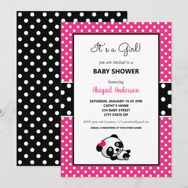 Invitation Baby shower d'ours rose et noir (Devant / Derrière)