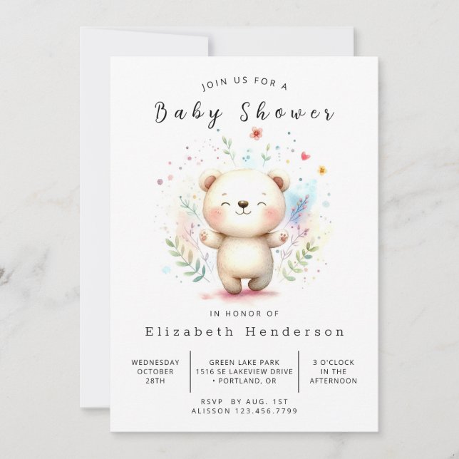 Invitation Baby shower d'ours simple modifiable (Devant)