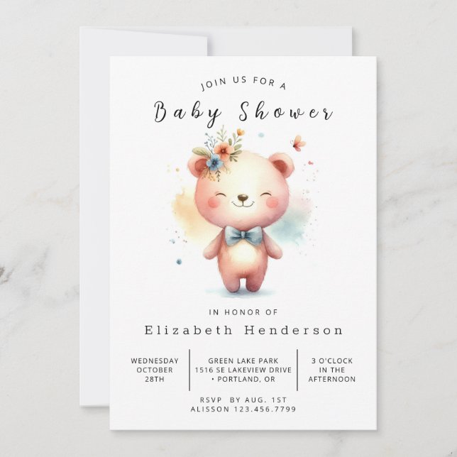 Invitation Baby shower d'ours unique modifiable (Devant)