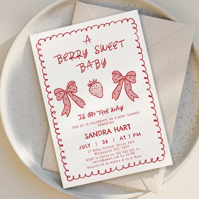 Invitation Baby shower doux à la fraise rouge tiré à la main (Hand Drawn Strawberry Baby Shower Invitation Template Red, Berry Baby Shower Invitation Hand Drawn )