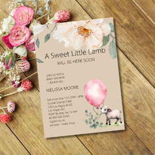 Invitation Baby shower doux petit agneau rose ballon
